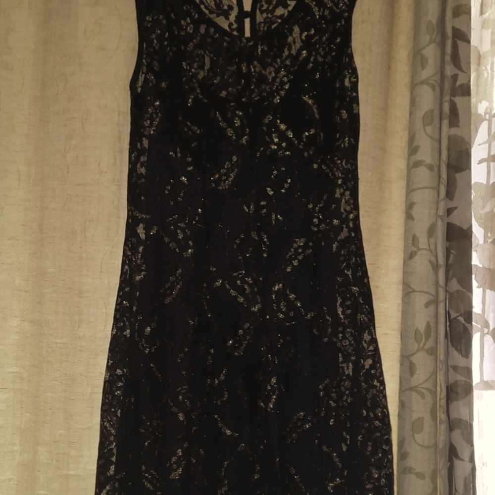 Lace dress black with gold glittery pattern throughout the lace BeBop. med